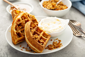 Breakfast waffles with honey, yogurt and granola