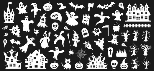 Fototapeta premium Set of white silhouettes of Halloween on a black background. Vector illustration
