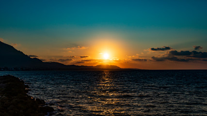 Panorama of famous Camelot Beach on Cyprus. Beautiful sunset background. Sundown. Seascape.