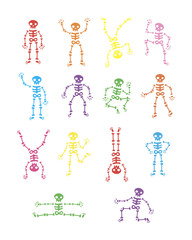 Fototapeta na wymiar Skeletons dancing. Funny dancing skeleton vector illustration background. running and jumping colored skeletons. Happy Halloween. the day of the Dead