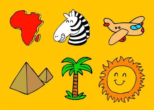A beautiful pattern with images of Africa with Egyptian pyramids, a zebra, a palm tree and more