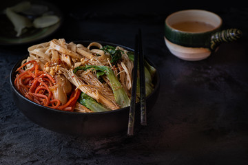 Asian Noodles with Stewed Enokitake, Bokchoy and Kimchi. Copy space.