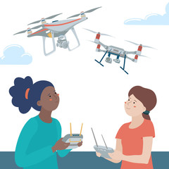Two kids, teenage girls, black and caucasian, playing with quadcopter drones using remote controllers outdoors, flat style vector illustration isolated on white background
