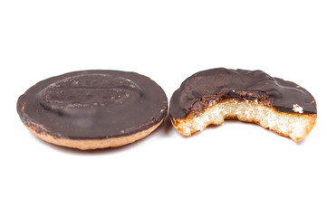 Chocolate cookies isolated on white background.Copy space