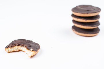 Chocolate cookies isolated on white background.Copy space
