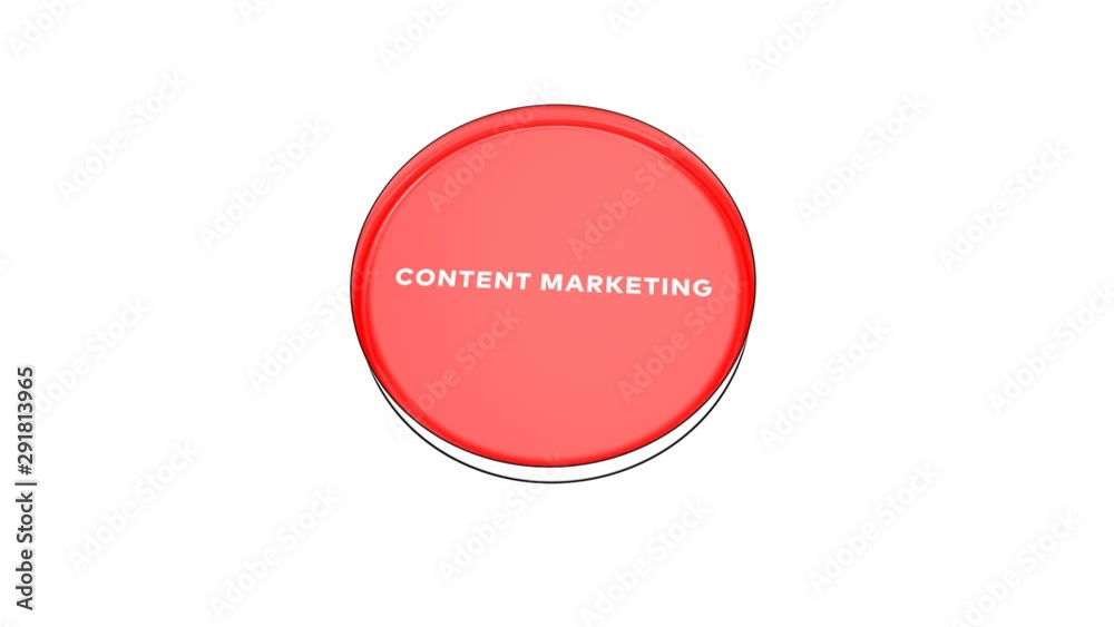 Sticker pushing big red button with word Content marketing.