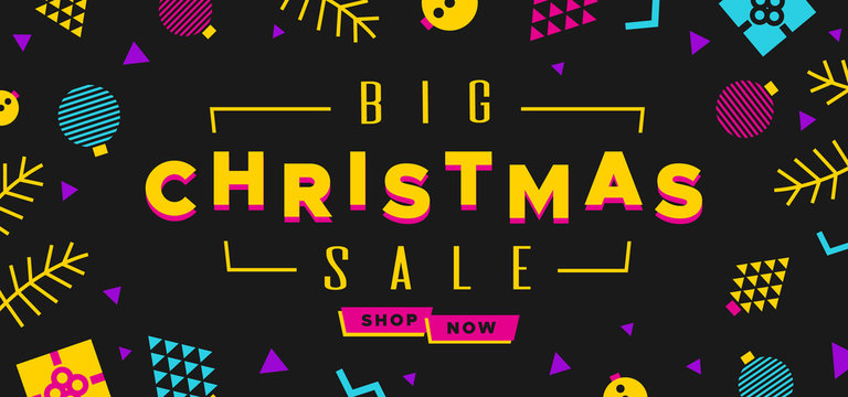 Christmas Sale banner in the style of the 80s with multicolored balls, fir branches and gifts. Illustration in Memphis style