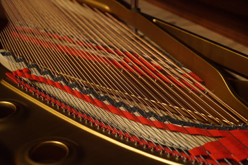 Grand piano strings, close-up. Musical instrument inside