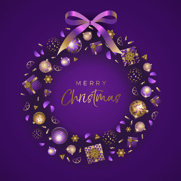 Festive wreath with gifts and Christmas elements on black background. Vector illustration in modern style
