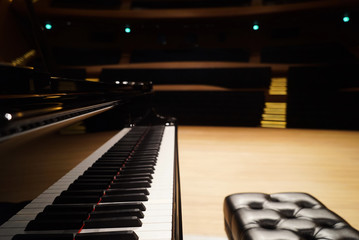 Grand Piano and seat in Concert Hall, close-up.