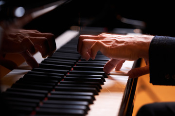 Closeup man's hand playing piano. Music performer's hand