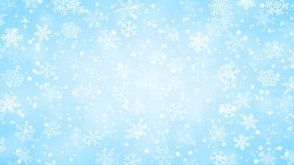 Naklejka na ściany i meble Christmas background of snowflakes of different shapes, sizes and transparency in light blue colors