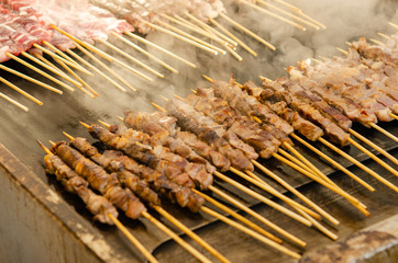  Cooking traditional oriental shish kebab. Turkish street food