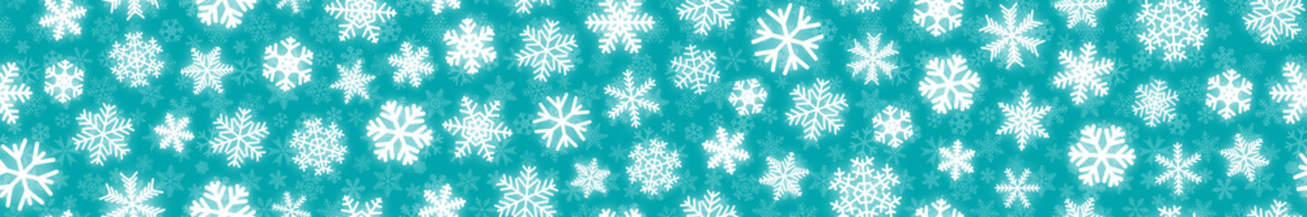 Fototapeta na wymiar Christmas horizontal seamless banner of white snowflakes on turquoise background
