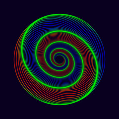 Vector colored spiral. Twisted abstract wireframe tunnel.