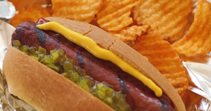 Video Slide Across Grilled Hot Dog With Chips
