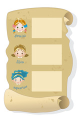 Parchment with the three zodiacal signs of air: gemini libra aquarius