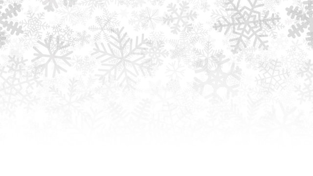 Christmas background of many layers of snowflakes of different shapes, sizes and transparency. Gradient from gray to white