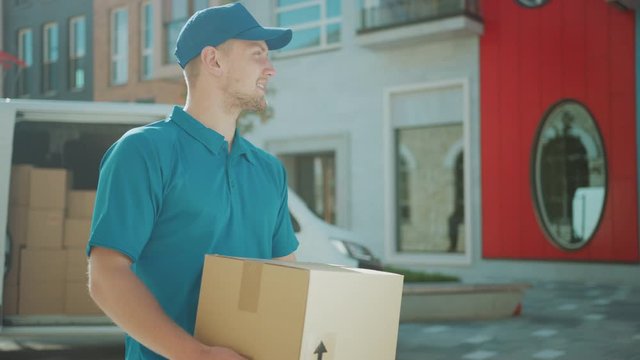Handsome Courier Takes Cardboard Box Package out of Delivery Van Walks Through Modern Stylish Business District