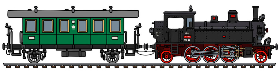 The vectorized hand drawing of a vintage tank engine locomotive and a green coach