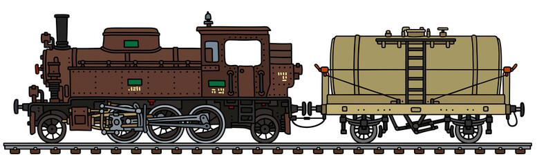Fototapeta na wymiar The vectorized hand drawing of a vintage brown steam locomotive and a tank wagon