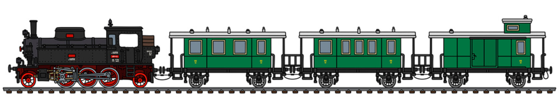 The vectorized hand drawing of a vintage passenger steam train