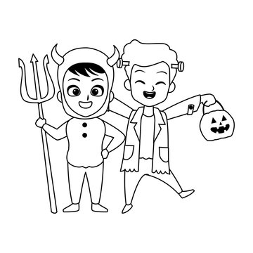 little boys with frankenstein and devil costumes characters