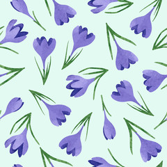 Seamless watercolor purple crocus flowers pattern. Vector spring illustration.