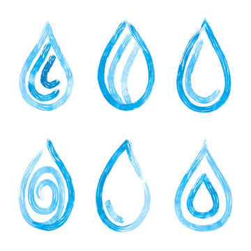 Watercolor blue water drops isolated on white. Vector icons set.