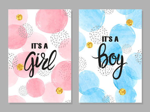 Baby Shower Card Set. Watercolor Invitation Cards Design For Baby Shower Party - Girl And Boy