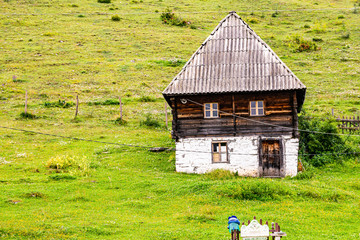 Borostica, Serbia - July 30, 2019. Old traditional wooden house near Pesterska Visoravan