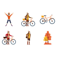Obraz premium bundle of autumn season icons with girls and bicycles
