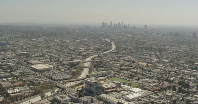 Aerial Shot, Day, High Altitude View Of La Sprawl And Downtown At Distance, Drone