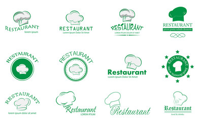 Chef Hat And Restaurant Logo Set - Isolated On White. Vector For Food Icon, Cooking Hat, Kitchen, Bar And Chef Logo Design. Restaurant And Chef Hat Logo For Bistro, Cook Elements And Food Labels