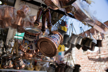 Close up of traditional cezve (Coffee pot) for Turkish coffee.