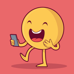 Smile emoticon looking at the phone vector illustration. Technology, communication, chat design concept