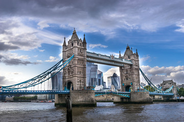 Tower Bridge in London at cloudy day