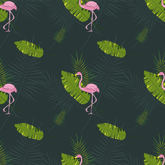 Flamingo bird with tropical plants leaves. Seamless background. Vector illustration.