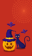 pumpkins with cat in halloween scene