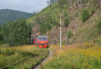 The train on the Circum-Baikal railway near lfke Baikal in Eastern Siberia