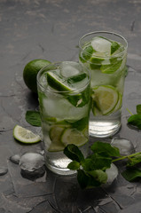 Ingredients for making mojito on grey concrete or stone background.