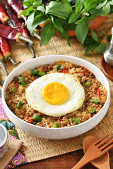Stir fried minced pork with holy basil on rice. Thailand street food. 