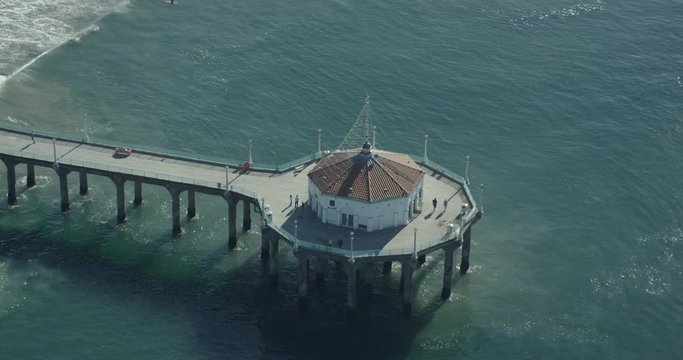 Aerial shot, day, top down zoom of pier on la beach, drone