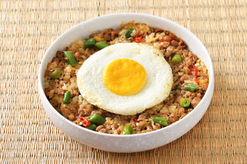 Stir fried minced pork with holy basil on rice. Thailand street food. 