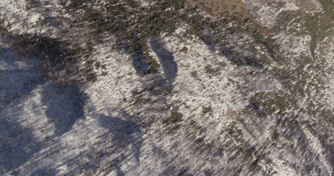 Aerial shot, day, summer snow on big bear mountain, drone