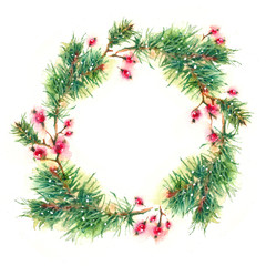 Fototapeta na wymiar Watercolor Christmas wreath of fir branches and berries, holiday card on a white background