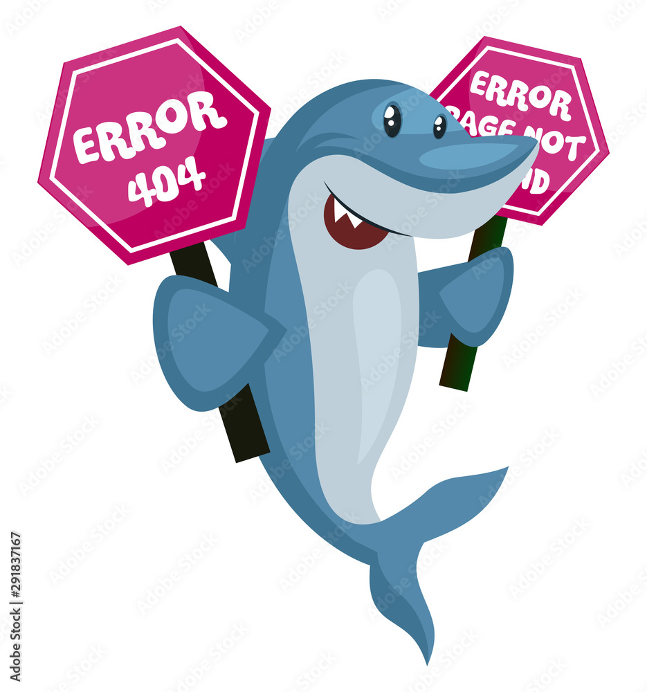 Wall mural Shark with 404 error sign, illustration, vector on white background.