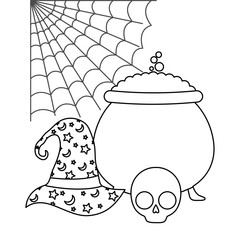 wizard hat with cauldron and icons halloween