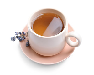 Cup of hot tea with lavender on white background