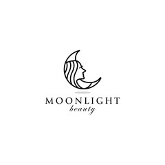 beautiful face in the moon line art logo vector icon ilustration